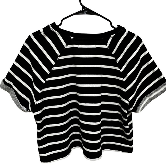 CALVIN Klein Black Striped Cotton Blend Boat Neck Short Sleeve Crop Top, Size M - Picture 2 of 12